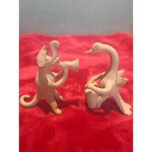 Whimsical Animal Musicians Elephant Swan Clay Figurines Bisque Folk Art Set